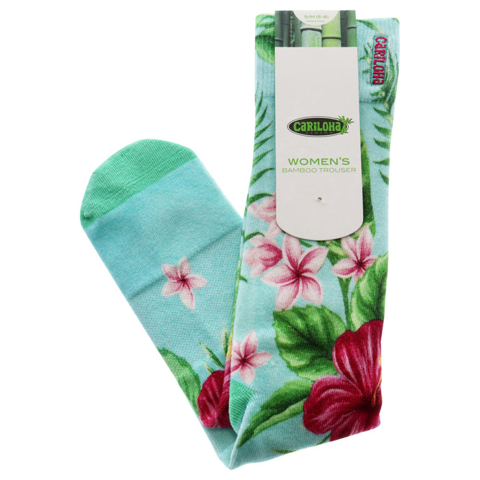 Bamboo Printed Trouser Socks - Hibiscus Floral Aqua by Cariloha for Women - 1 Pair Socks (S/M)