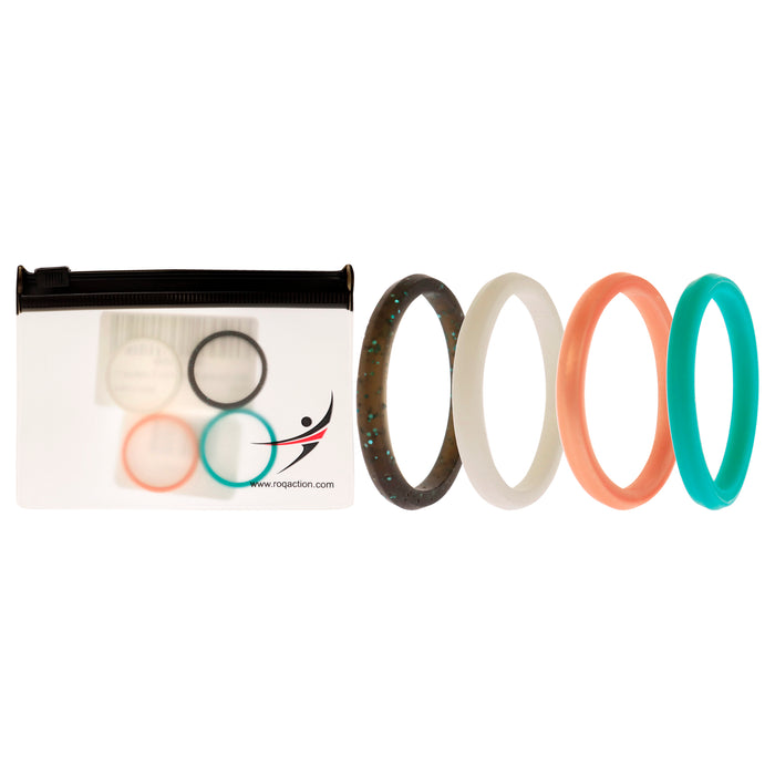 Silicone Wedding Stackble Point Ring Set - Turquoise-Black by ROQ for Women - 4 x 11 mm Ring