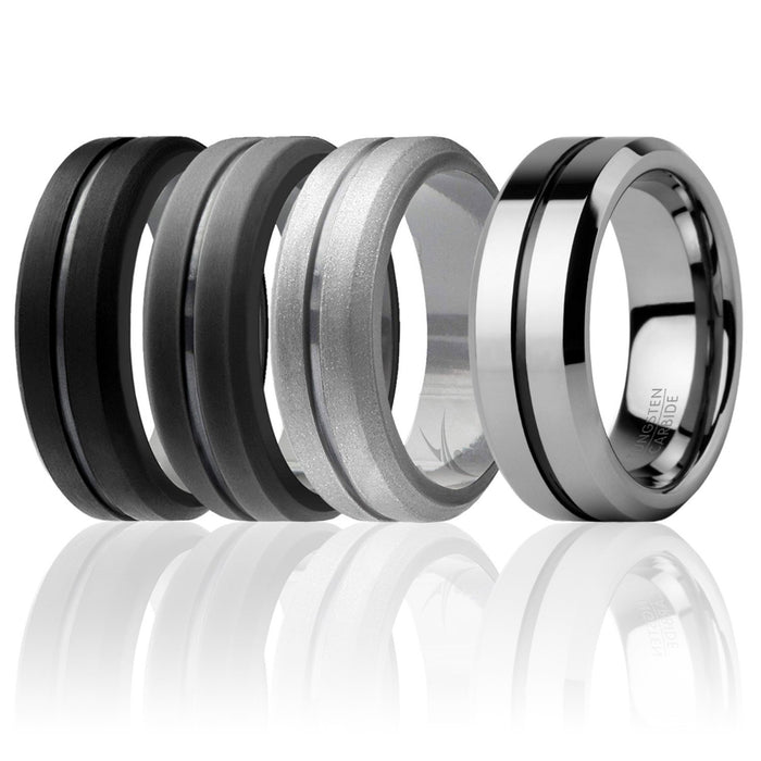 Silicone Wedding Twin Middle Line Ring Set - Black by ROQ for Men - 4 x 10 mm Ring