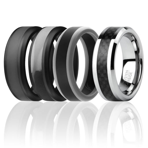 Silicone Wedding Twin Carbon Ring Set - Black-Grey by ROQ for Men - 4 x 11 mm Ring