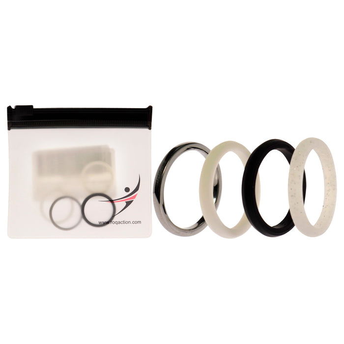 Silicone Wedding Twin 2mm Ring Set - Black-White by ROQ for Women - 4 x 6 mm Ring