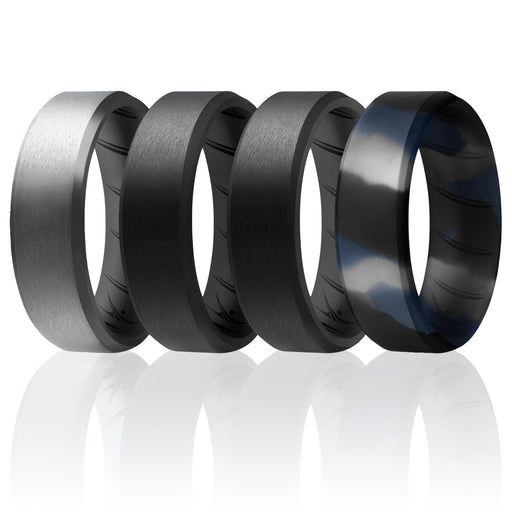 Silicone Wedding BR 8mm Edge Ring Set - Black-Blue-Camo by ROQ for Men - 4 x 14 mm Ring