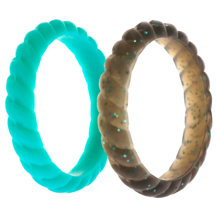 Silicone Wedding Stackble Braided Ring Set - Turquoise by ROQ for Women - 2 x 5 mm Ring