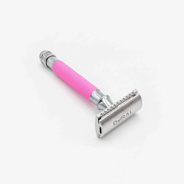 Dural Heavy Stroud Head Double Edge Safety Razor Duty Pink/Silver + Pouch
