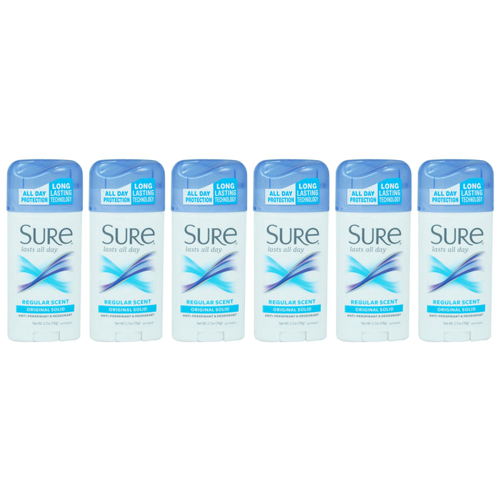 Original Solid AntiPerspirant Deodorant - Regular Scent by Sure for Unisex - 2.7 oz Deodorant Stick - Pack of 6