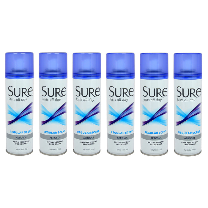 Desodorante y antitranspirante con aroma regular en aerosol de Sure para unisex - Desodorante en spray de 6 oz - Paquete de 6