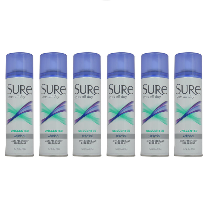 Desodorante y antitranspirante sin perfume en aerosol de Sure para unisex - Desodorante en spray de 6 oz - Paquete de 6