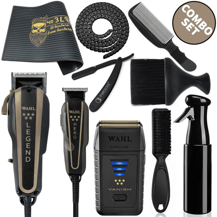 Wahl Professional 5 Star Barber Combo Model No 8180 & Cord/Cordless Vanish Double Foil Shaver #8173-700, Fade Brush, Water Spray, Flat Top Retro Comb, Straight Edge Razor, Neck Duster, Barber Mat, Wire Protector Combo Set