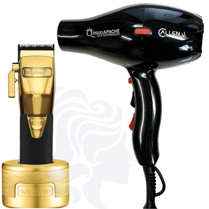 BaBylissPRO GOLDFX Boost+ Metal Lithium Cordless Clipper #FX870GBP & Charging Base Dock & Allen J. 2600 Apache Nano Tech Premium Hair Blow Dryer Lightweight Salon 2100W Combo Set