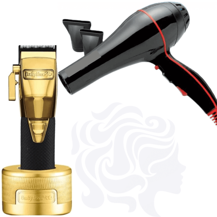 BaBylissPRO GOLDFX Boost+ Tondeuse sans fil en métal et lithium #FX870GBP et base de chargement et sèche-cheveux Allen J. 2600 Apache Nano Tech léger pour salon 2100 W