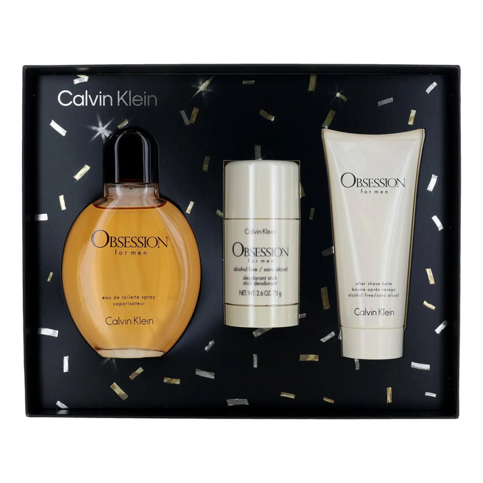 Obsession by Calvin Klein for Men - 3 Pc Gift Set 4oz EDT Spray, 2.6oz Deodorant Stick, 3.3oz After Shave Balm