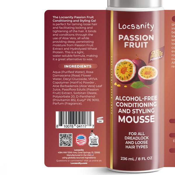 Locsanity Mousse acondicionador y estilizador sin alcohol de maracuyá, mousse para enrollar, torcer y bloquear: rastas, rastas, hermanas, cabello natural suelto, trenzas