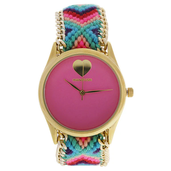 MSHHIPC Hindi Heart - Gold/Pink Nylon Strap Watch by Manoush for Women - 1 Pc Watch