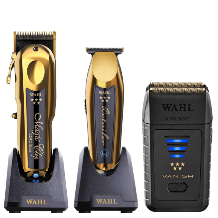 Wahl Professional 5 Star Series Clip mágico inalámbrico Gold #8148-700 y Detailer inalámbrico Li Gold #8171-700 y afeitadora Vanish inalámbrica #8173-700