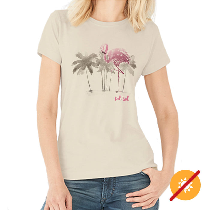 Women Crew Tee - Watercolor Flamingo - Beige by DelSol for Women - 1 Pc T-Shirt (Large)