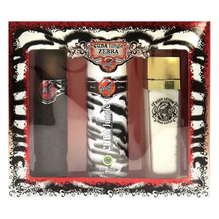 Cuba Jungle Zebra de Cuba pour femme - Coffret 3 pièces Spray EDP 3,3 oz, Spray déodorant pour le corps 6,7 oz, Lotion pour le corps 4,3 oz