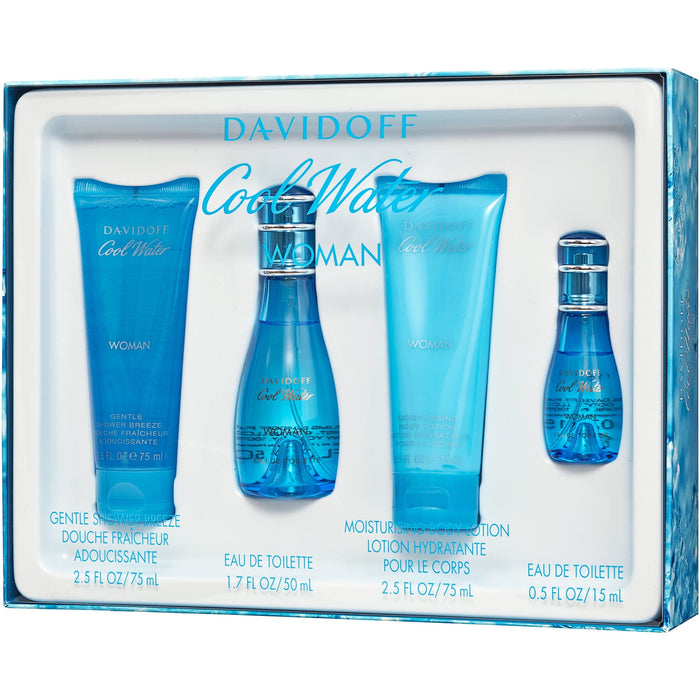 Cool Water by Davidoff for Women - 4 Pc Gift Set 1.7oz EDT Spray, 2.5oz Gentle Shower Breeze, 2.5oz Moisturizing Body Lotion, 0.5oz EDT Spray