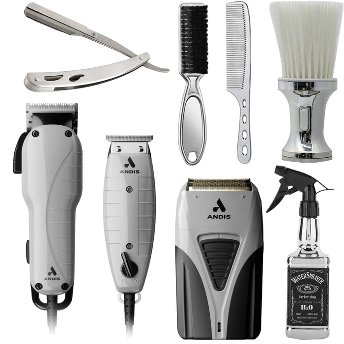 Andis Barber Combo Clipper & Trimmer #66615 & Cordless Titanium Profoil Shaver TS-2 #17200 + Water Spray + Fade Brush + Neck Duster + Straight Edge Razor Combo Set