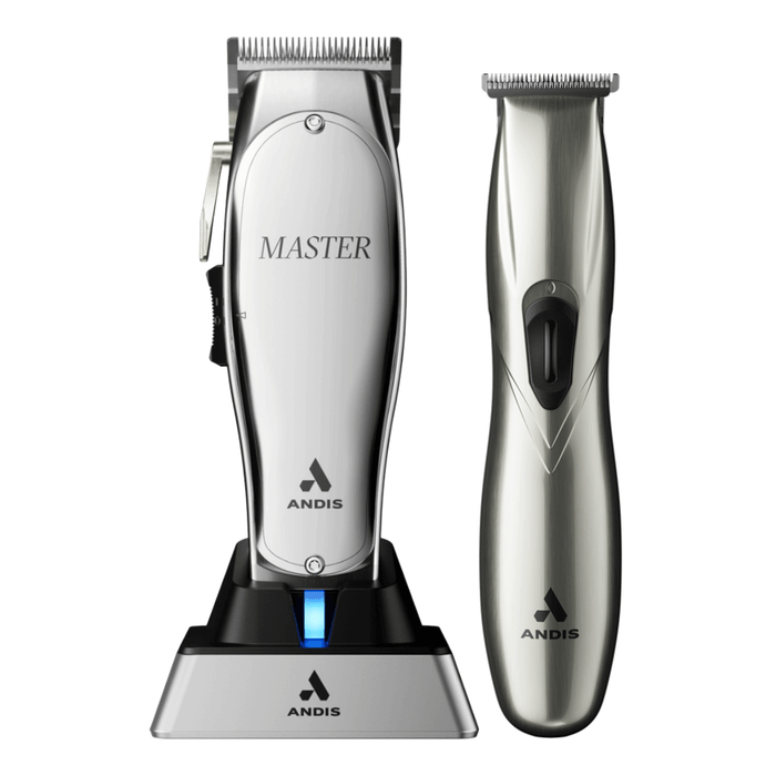 Andis Professional Master Cordless Clipper Lithium Ion Adjustable Blade #12660 & Slimline Pro Li Cordless T-Blade Hair Trimmer D-8 Chrome #32810