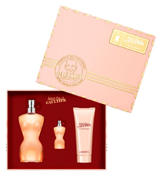 Classique by Jean Paul Gaultier for Women - 3 Pc Gift Set 3.4 oz EDT Spray, 0.2oz EDT Spray, 2.5oz Perfumed Body Lotion