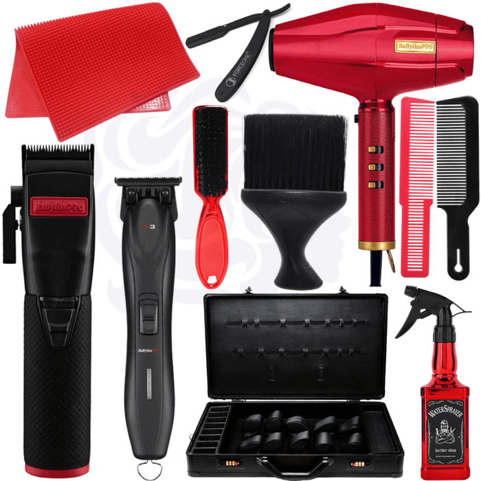 BaBylissPRO Black & Red Bundle Set, Influencer Collection Black Metal Clipper #BAFX870RI & FX3 Trimmer #FXX3TB & Influencer Collection RedFX Blow Dryer #FXBDR1 & Barber Mat & Carrying Case & Neck Duster & Water Spray & Combs & Fade Brush & Razor Combo Set