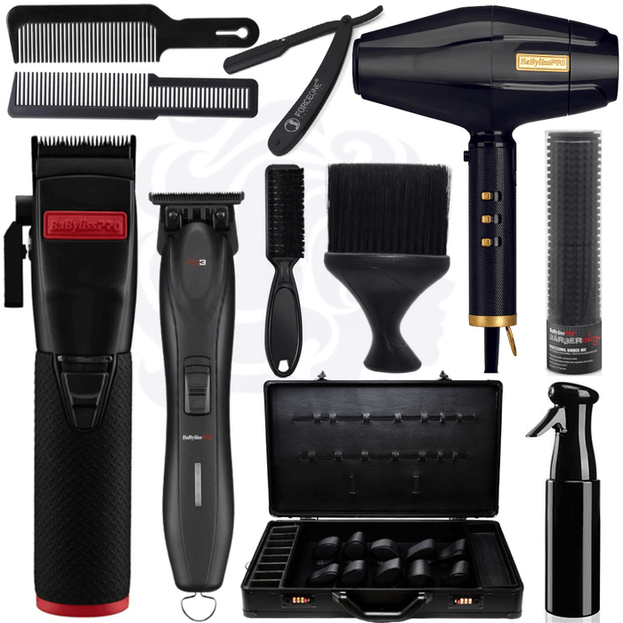 BaBylissPRO Black Bundle Set, Influencer Collection Black Metal Clipper #FX870RI & Fx3 Trimmer #FXX3TB & Influencer Collection Dryer #FXBDB1  & BARBERology Mat #BWSM1R & Carrying Case & Neck Duster & Water Spray & Combs & Fade Brush & Razor Combo Set