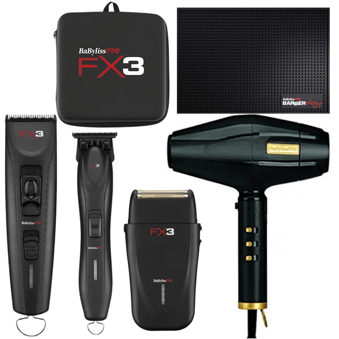 BaBylissPRO FX3 Black Collection Combo Set Cord/Cordless Clipper FXX3CB & Trimmer FXX3TB & Shaver FXX3SB & BlackFX Dryer & Barber Mat & Travel Case Combo Set