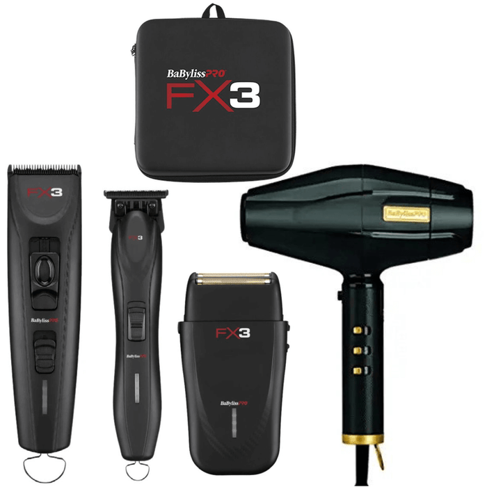 BaBylissPRO FX3 Black Collection Combo Set Cord/Cordless Clipper FXX3CB & Trimmer FXX3TB & Shaver FXX3SB & BlackFX Dryer & Travel Case Combo Set