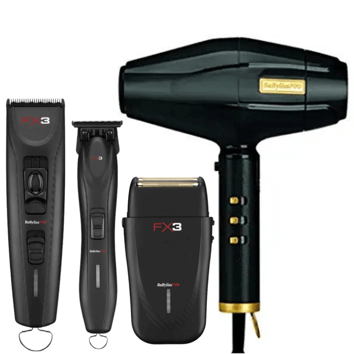 BaBylissPRO FX3 Black Collection Combo Set Cord/Cordless Clipper FXX3CB & Trimmer FXX3TB & Shaver FXX3SB & BlackFX Dryer Combo Set