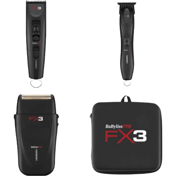 BaBylissPRO FX3 Black Collection Juego combinado de cortapelos con cable/inalámbrico FXX3CB y recortadora FXX3TB y afeitadora FXX3SB y estuche de viaje