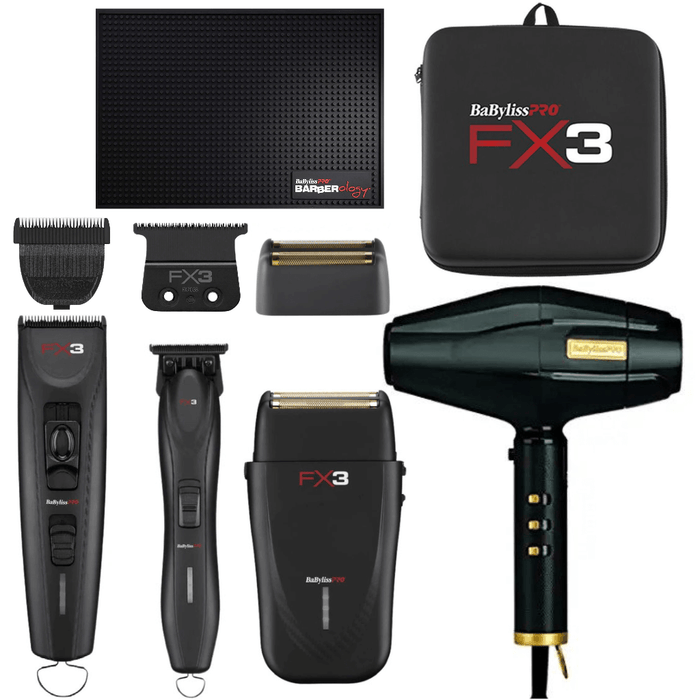 BaBylissPRO FX3 Black Collection Combo Set Cord/Cordless Clipper FXX3CB & Trimmer FXX3TB & Shaver FXX3SB & BlackFX Dryer & Barber Mat & Travel Case & Replacement Blades & Foil Shaver Combo Set