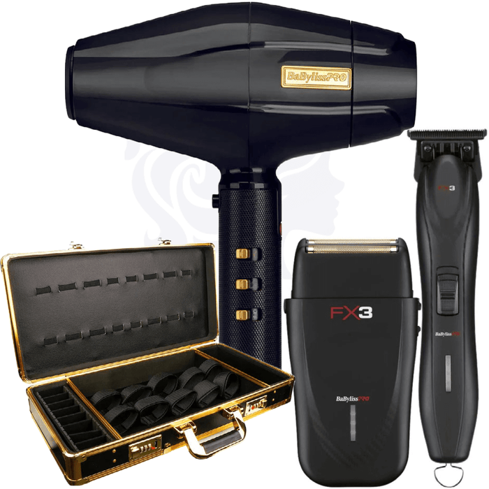 BaBylissPRO Bundle Set, FX3 Black Collection Cord/Cordless Trimmer FXX3TB & Shaver FXX3SB & BlackFX 1875 Dryer & Travel Case Combo Set