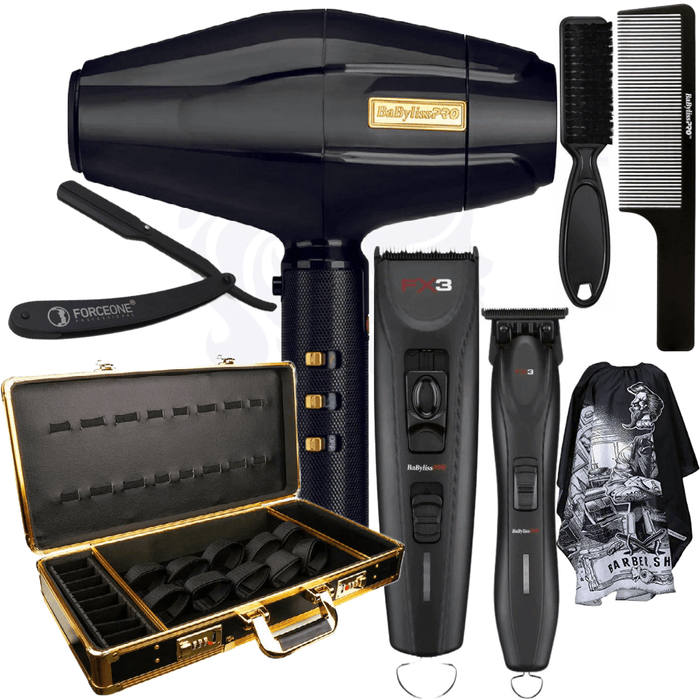 BaBylissPRO FX3 Professional Black Collection Cord/Cordless Clipper FXX3CB & Trimmer FXX3TB & BlackFX 1875 Dryer & BARBERology Clipper Comb #BBCKT6BK & Travel Case & Barber Cape & Fade Brush & Razor Bundle Kit