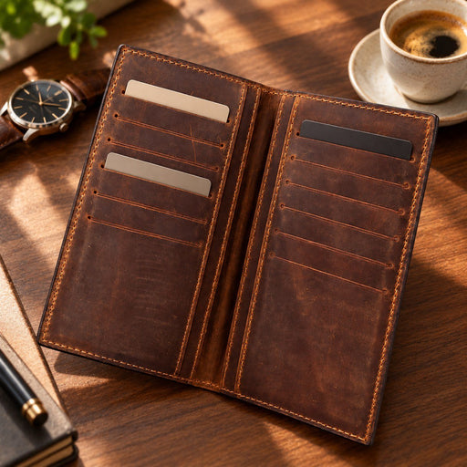 BarberSets Leather Long Bifold Card Holder Wallet - Brown, Medium (Model 101) - lifestyle