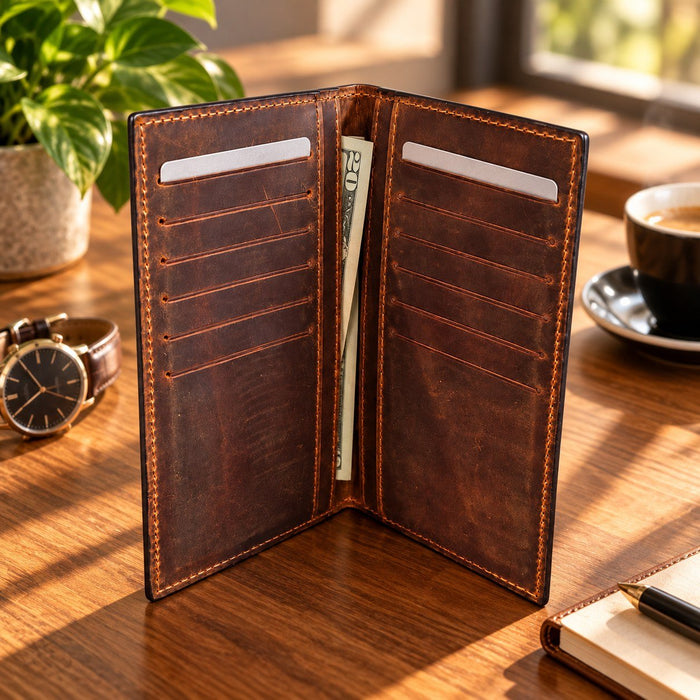 BarberSets Leather Long Bifold Card Holder Wallet - Brown, Medium (Model 101)