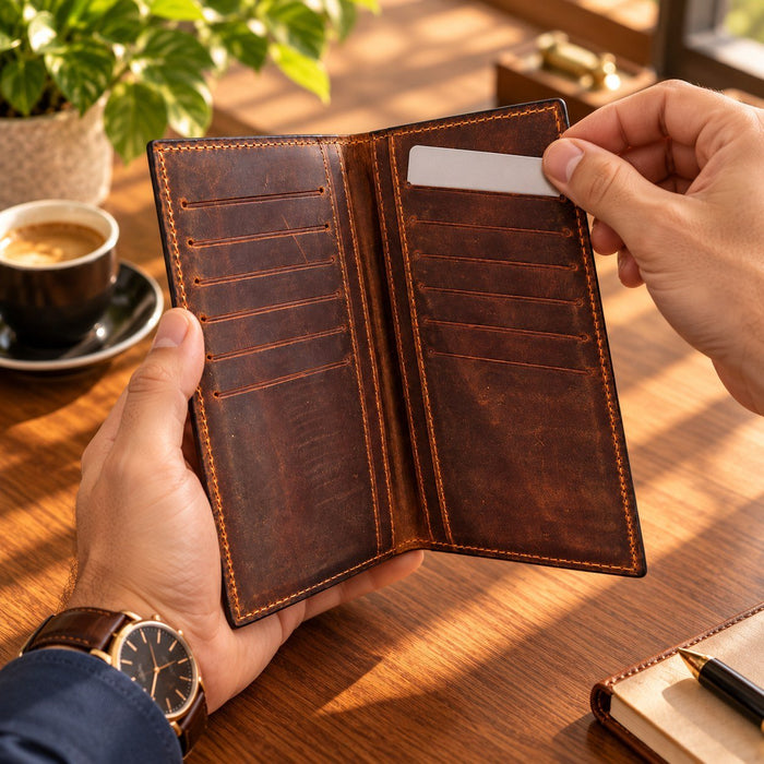 BarberSets Leather Long Bifold Card Holder Wallet - Brown, Medium (Model 101) - real photo, outer cover