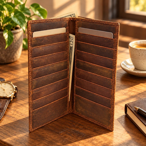 BarberSets Leather Long Bifold Card Holder Wallet - Brown, Large (Model 101L)