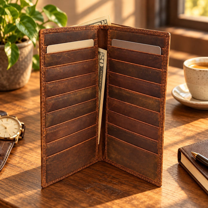 BarberSets Leather Long Bifold Card Holder Wallet - Brown, Large (Model 101L)