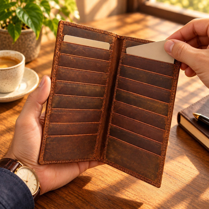 BarberSets Leather Long Bifold Card Holder Wallet - Brown, Large (Model 101L) - real photo, outer cover