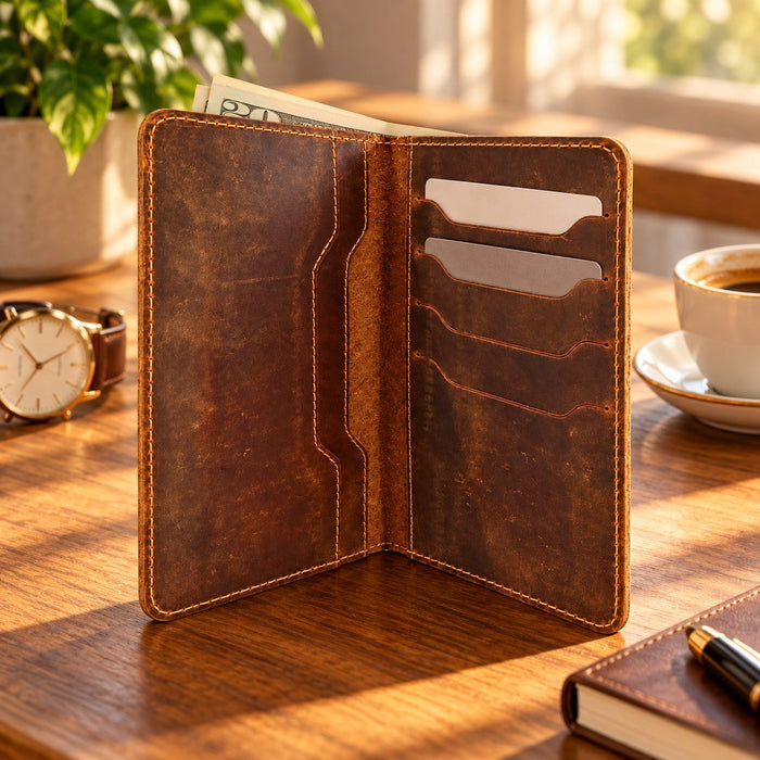 BarberSets Leather Long Bifold Card Holder Wallet - Brown, X-Large (Model 101XL)