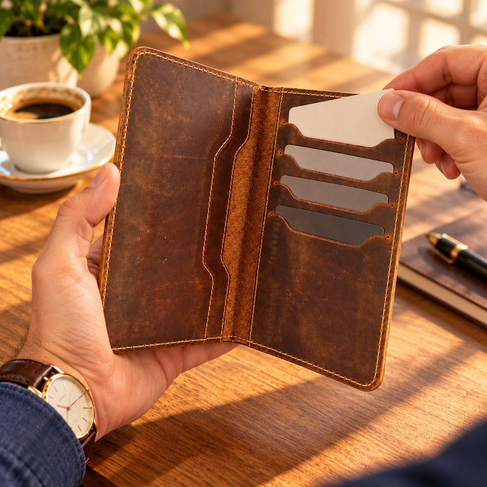 BarberSets Leather Long Bifold Card Holder Wallet - Brown, X-Large (Model 101XL) - real photo, outer cover