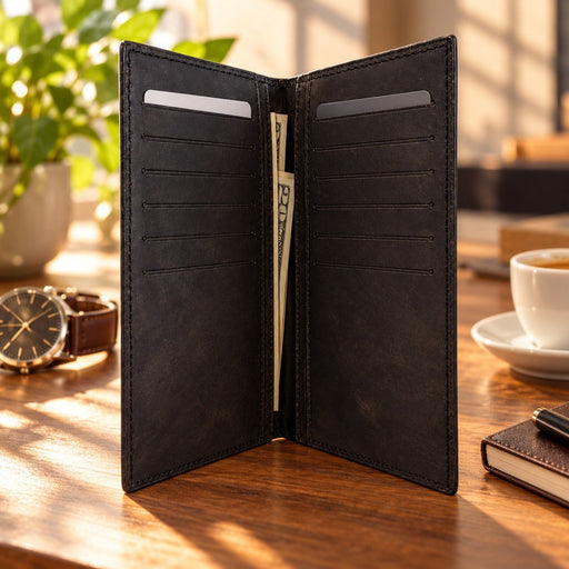 BarberSets Leather Long Bifold Card Holder Wallet - Black, Medium (Model 102)