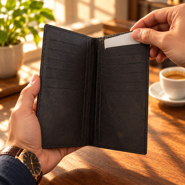 BarberSets Leather Long Bifold Card Holder Wallet - Black, Medium (Model 102) - real photo, outer cover