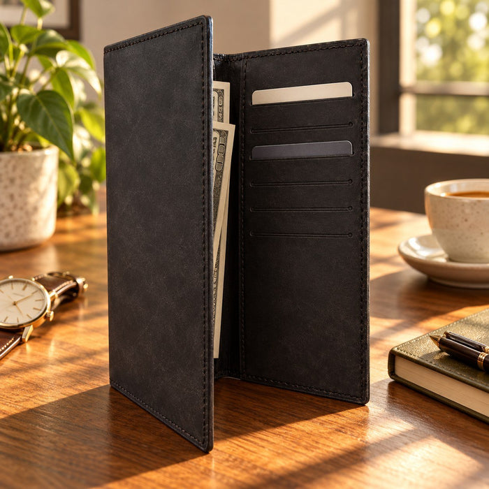 BarberSets Leather Long Bifold Card Holder Wallet - Black, Large (Model 102L)