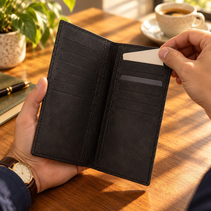 BarberSets Leather Long Bifold Card Holder Wallet - Black, Large (Model 102L) - real photo, outer cover