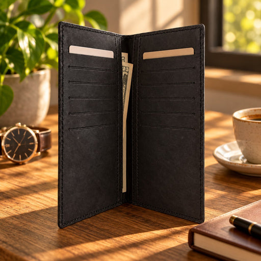 BarberSets Leather Long Bifold Card Holder Wallet - Black, X-Large (Model 102XL)