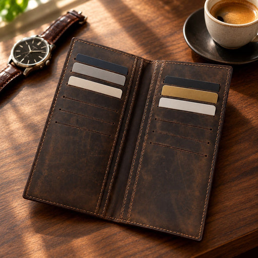 BarberSets Leather Long Bifold Card Holder Wallet - Dark Brown, Medium (Model 103) - lifestyle