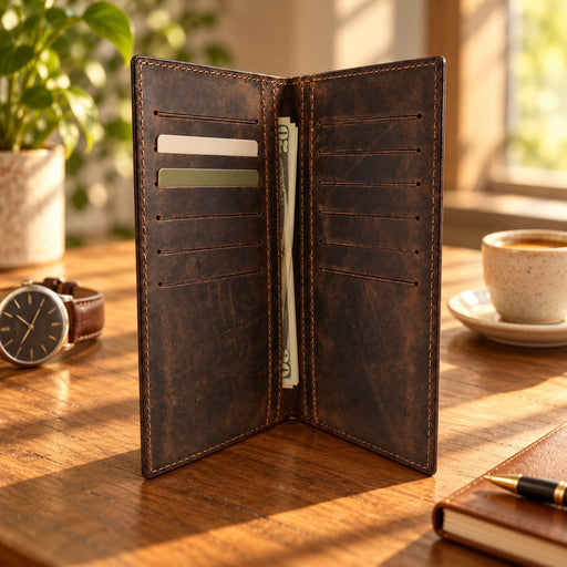 BarberSets Leather Long Bifold Card Holder Wallet - Dark Brown, Medium (Model 103)
