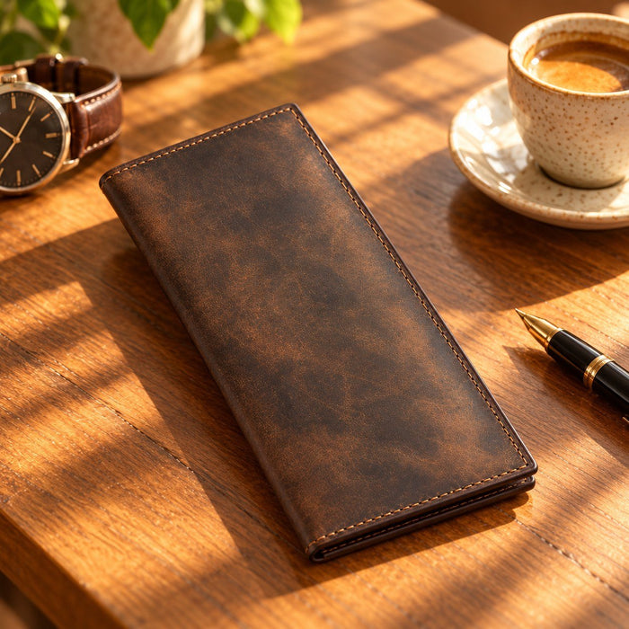 BarberSets Leather Long Bifold Card Holder Wallet - Dark Brown, Medium (Model 103) - real photo, open