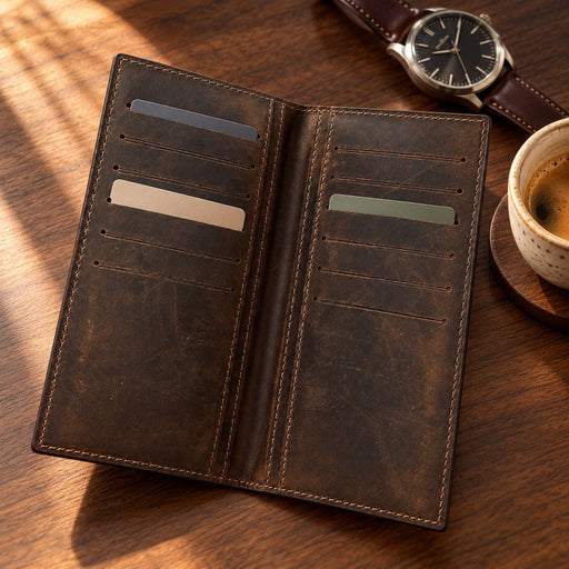 BarberSets Leather Long Bifold Card Holder Wallet - Dark Brown, Large (Model 103L) - lifestyle